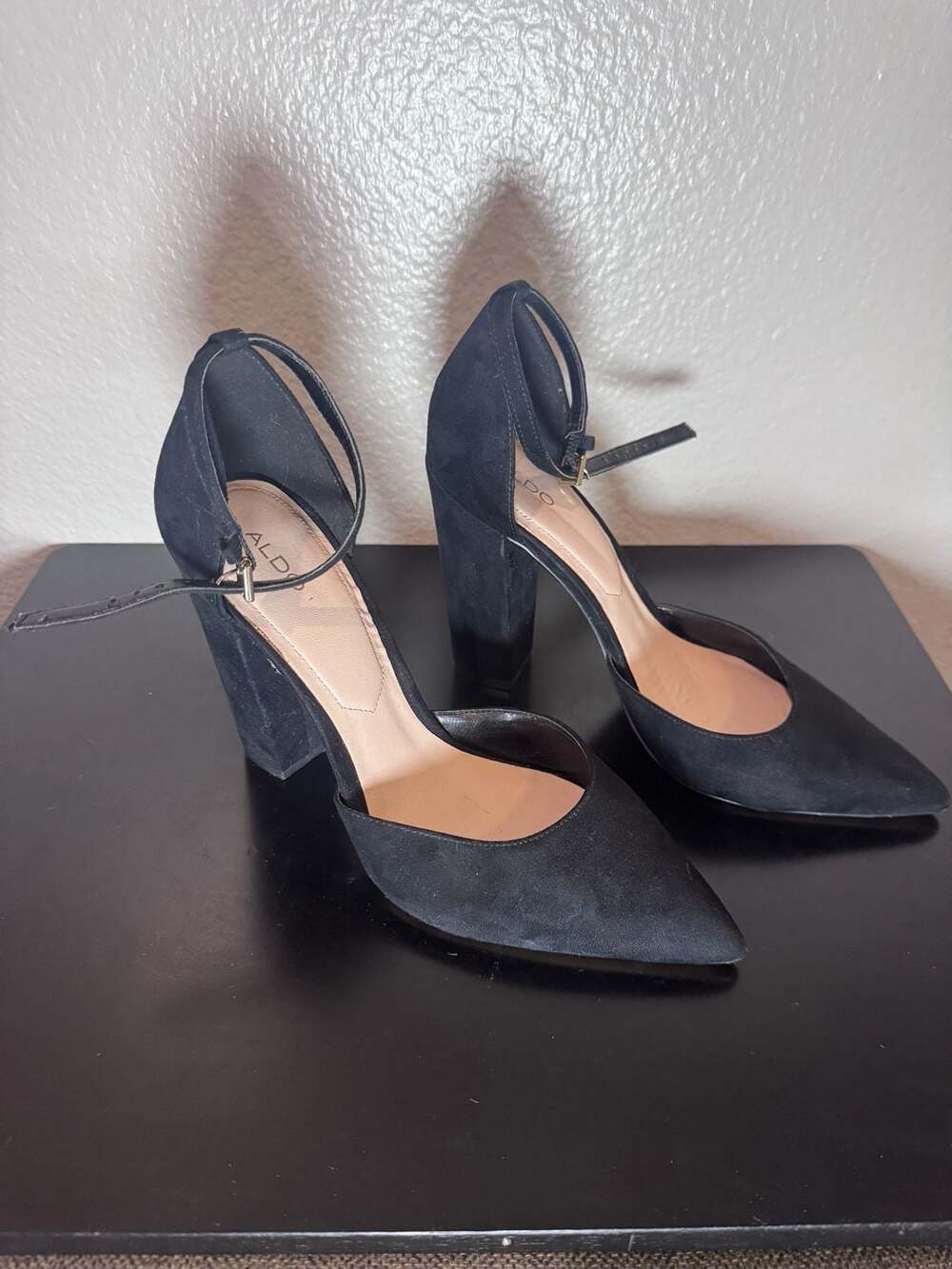 ALDO Black Faux Suede Ankle Strap Pointed Toe Block Heels